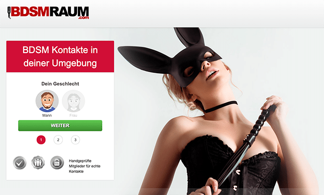 Bildschirmfoto von BDSMraum.com, zeigt die Benutzeroberfläche und spezielle Features für Femdom-Dating.