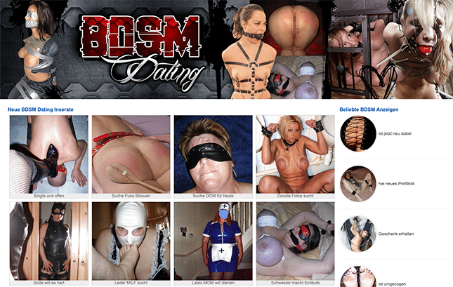 Screenshot der Startseite von BDSMdating24.com, mit Einblick in die Vielfalt der Femdom-Anzeigen und Benutzerprofile.