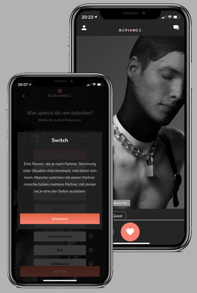 Screenshot der Deviance-App, die eine einfache und benutzerfreundliche Oberfläche für BDSM- und Fetisch-Dating zeigt, mit Schwerpunkt auf einer Community-basierten Erfahrung.