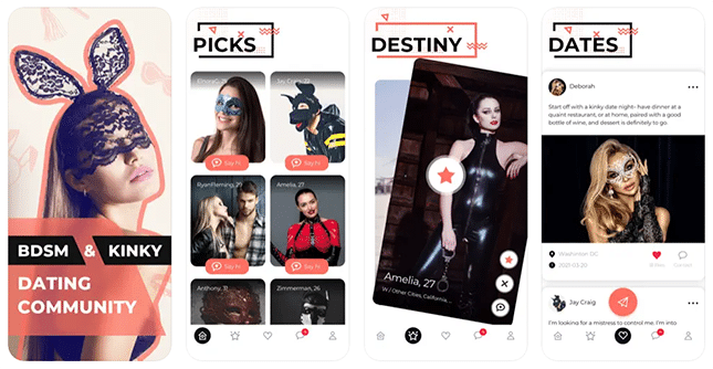 Screenshot der KinkLife-App, die sich als die privateste und sicherste Plattform für BDSM & Kinky Dating präsentiert, betont die einfach zu bedienende Benutzeroberfläche und die vielfältigen Möglichkeiten zur Kontaktaufnahme.