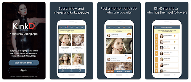 Screenshot der KinkD-App, die als eine innovative Plattform für BDSM und Fetisch-Dating hervorsticht, zeigt die Benutzeroberfläche mit einzigartigen Features zur Interaktion und Kommunikation zwischen Gleichgesinnten.